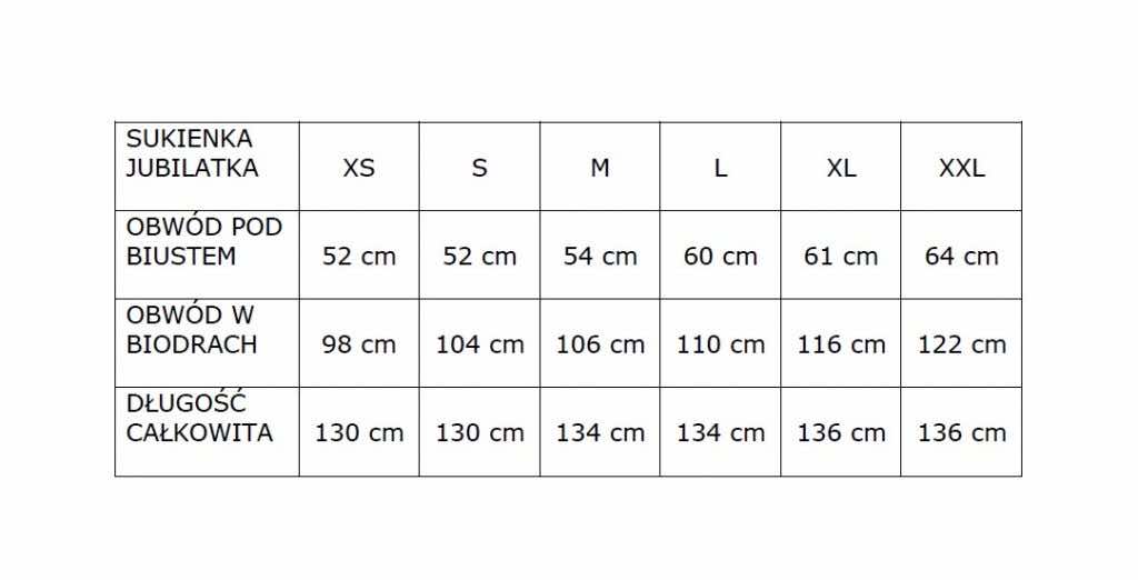 tabela rozmiarów sukienka jubileuszowa długa dzieńdobrysklep.com