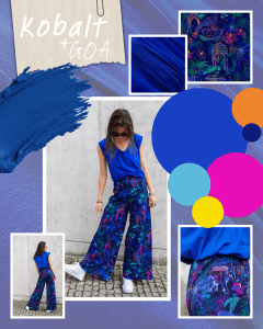 Kobaltowa bluzka woda z szerokimi spodniami Wide leg w princie Goa